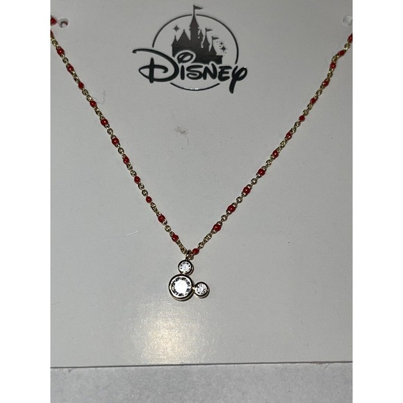 Disney Parks Mickey Mouse Crystal Icon Pendant Necklace Gold and Red Bead Chain - Picture 2 of 3